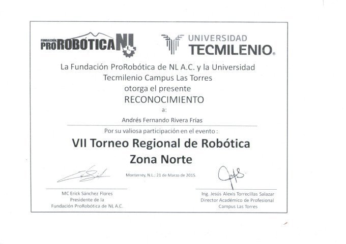 Reconocimiento VII Torneo Regional de Robótica Zona Norte